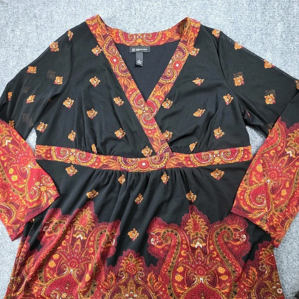 Vtg INC Babydoll Top Black Paisley Mesh Bell Sleeve Y2K Whimsigoth Fairy Boho 2X - Picture 2 of 12